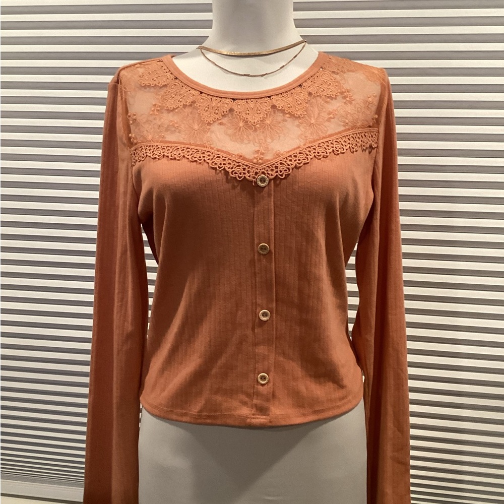 Ginger G Orange Crop Blouse with Lace Detail